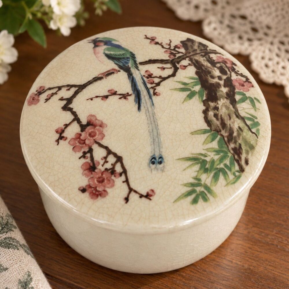 Vtg Karen Carson Creation  Trinket Box Jewelry Bird Cherry Blossom Asian Lid